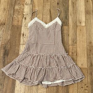 Katie J NYC Brown Gingham Ruffle Slip Dress with Cream Lace